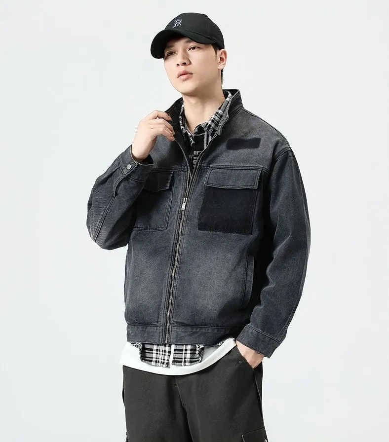 Vintage Patchwork Flap Pocket Denim Jacket for Men