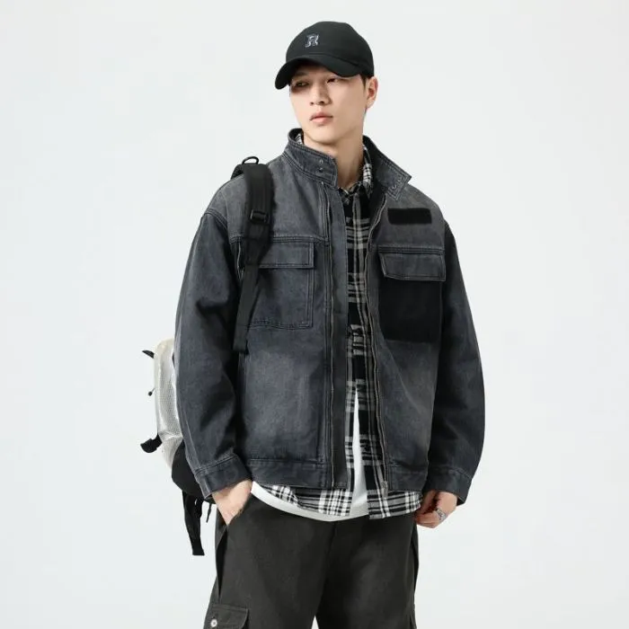 Vintage Patchwork Flap Pocket Denim Jacket for Men