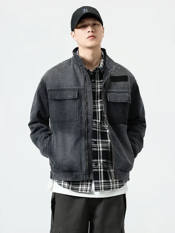 Vintage Patchwork Flap Pocket Denim Jacket for Men