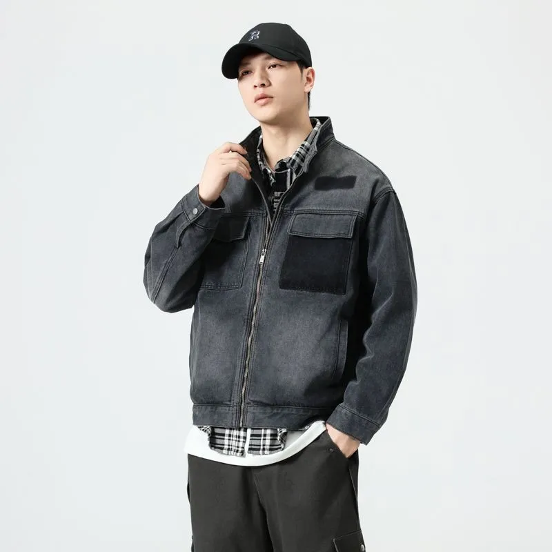 Vintage Patchwork Flap Pocket Denim Jacket for Men