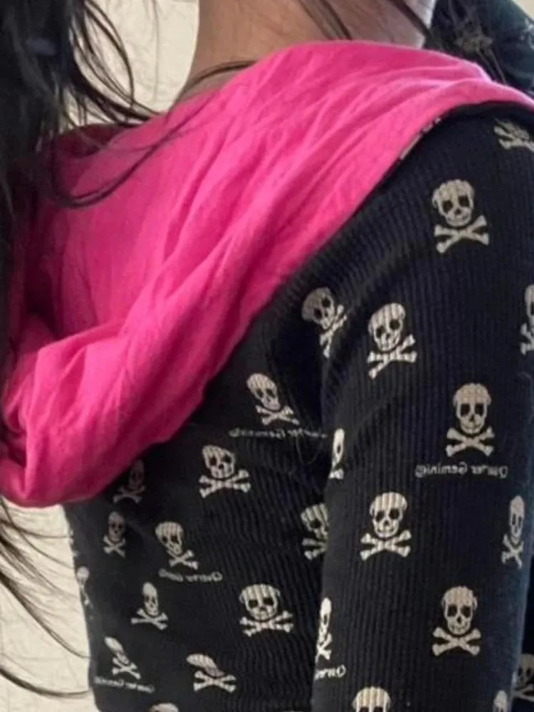 Vintage Punk Skull Printi Harajuku Hoodies Women Casual Vintage Black Hooded Jacket Y2k Aesthetic Crop Zipper Sweatshirt Kpop