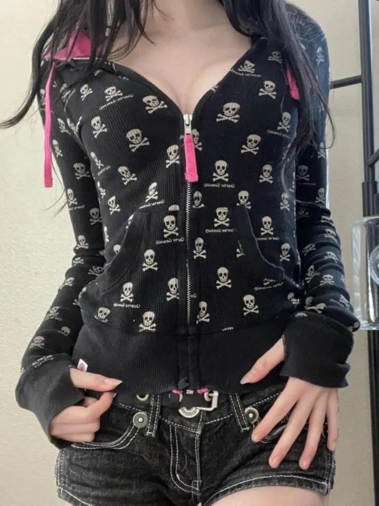 Vintage Punk Skull Printi Harajuku Hoodies Women Casual Vintage Black Hooded Jacket Y2k Aesthetic Crop Zipper Sweatshirt Kpop