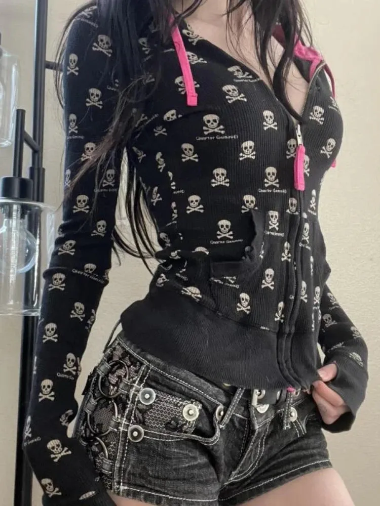 Vintage Punk Skull Printi Harajuku Hoodies Women Casual Vintage Black Hooded Jacket Y2k Aesthetic Crop Zipper Sweatshirt Kpop