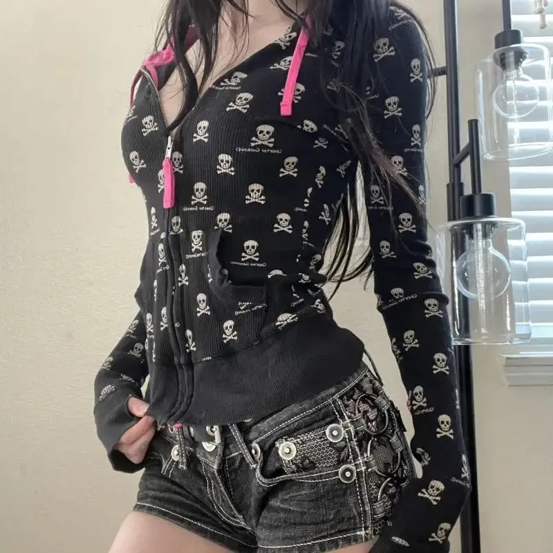 Vintage Punk Skull Printi Harajuku Hoodies Women Casual Vintage Black Hooded Jacket Y2k Aesthetic Crop Zipper Sweatshirt Kpop