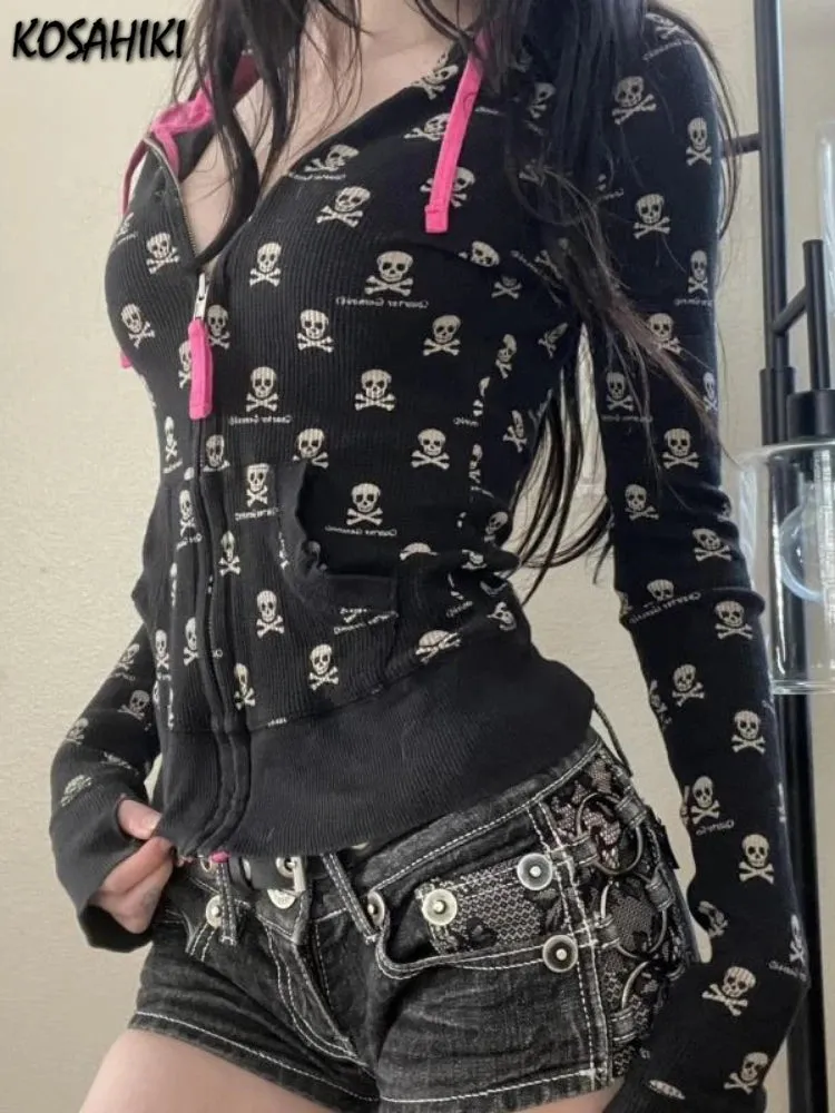Vintage Punk Skull Printi Harajuku Hoodies Women Casual Vintage Black Hooded Jacket Y2k Aesthetic Crop Zipper Sweatshirt Kpop