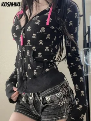 Vintage Punk Skull Printi Harajuku Hoodies Women Casual Vintage Black Hooded Jacket Y2k Aesthetic Crop Zipper Sweatshirt Kpop