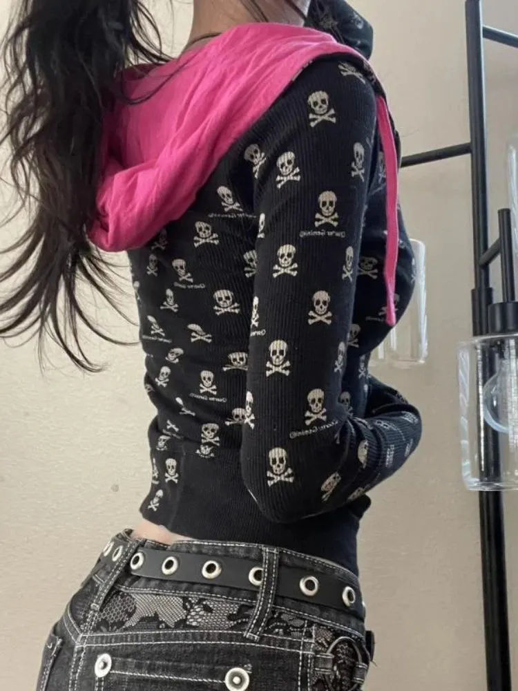 Vintage Punk Skull Printi Harajuku Hoodies Women Casual Vintage Black Hooded Jacket Y2k Aesthetic Crop Zipper Sweatshirt Kpop