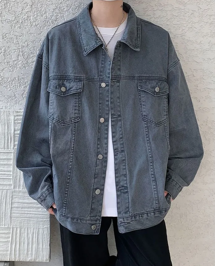 Vintage Relaxed-Fit Button-Up Trucker Denim Jacket for Trendy Men