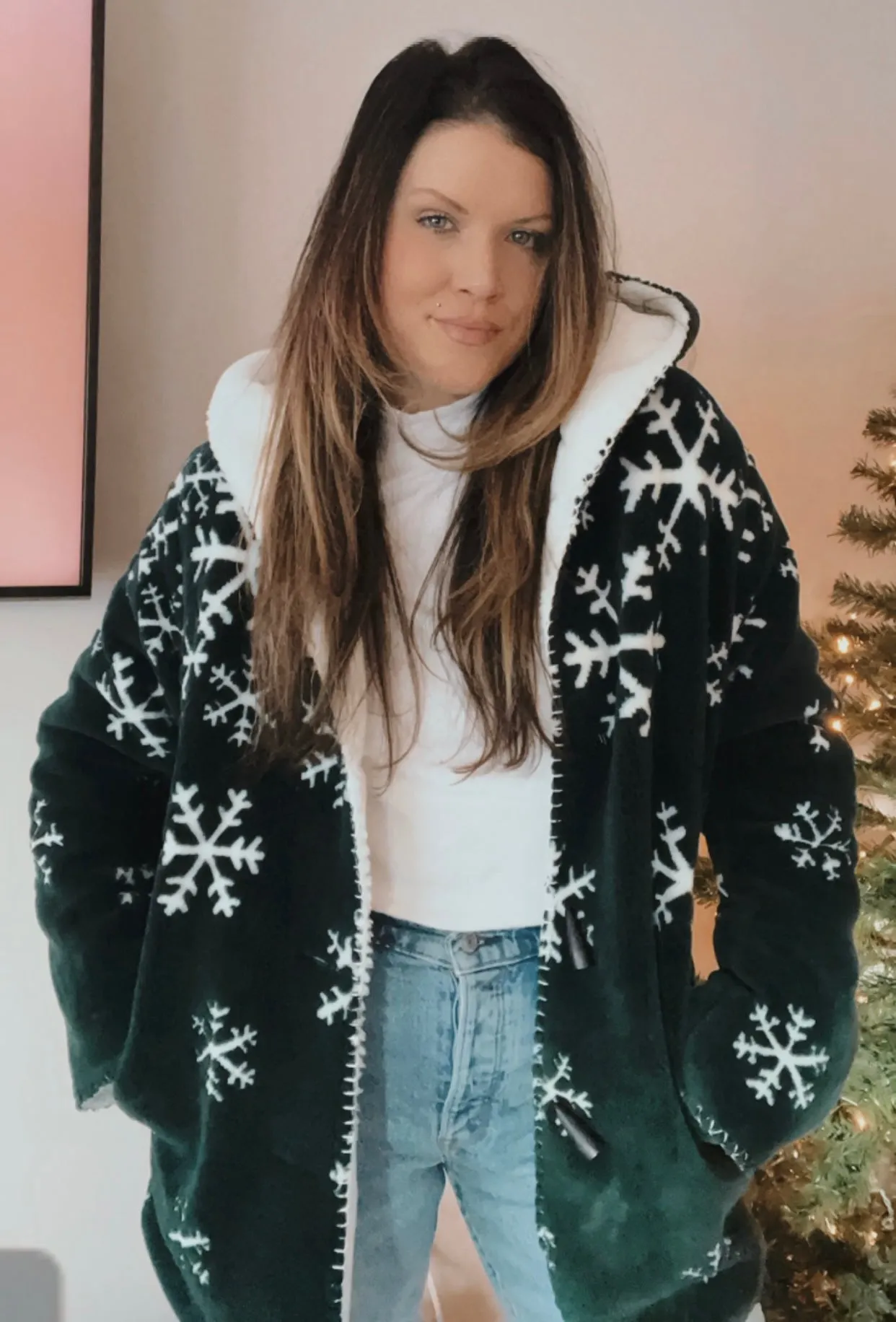Vintage Snowflake Fleece Hooded Coat