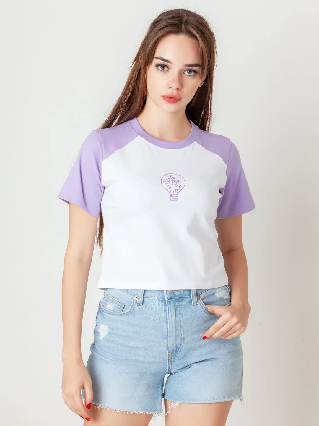 White Printed Cropped Raglan T-Shirt
