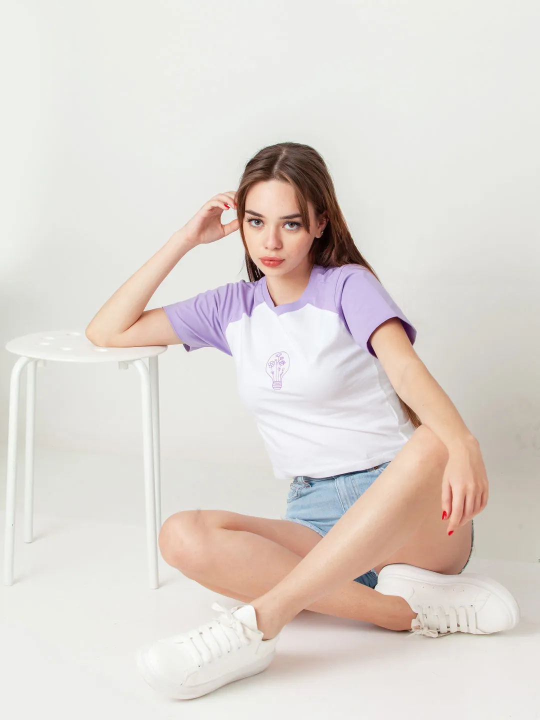 White Printed Cropped Raglan T-Shirt