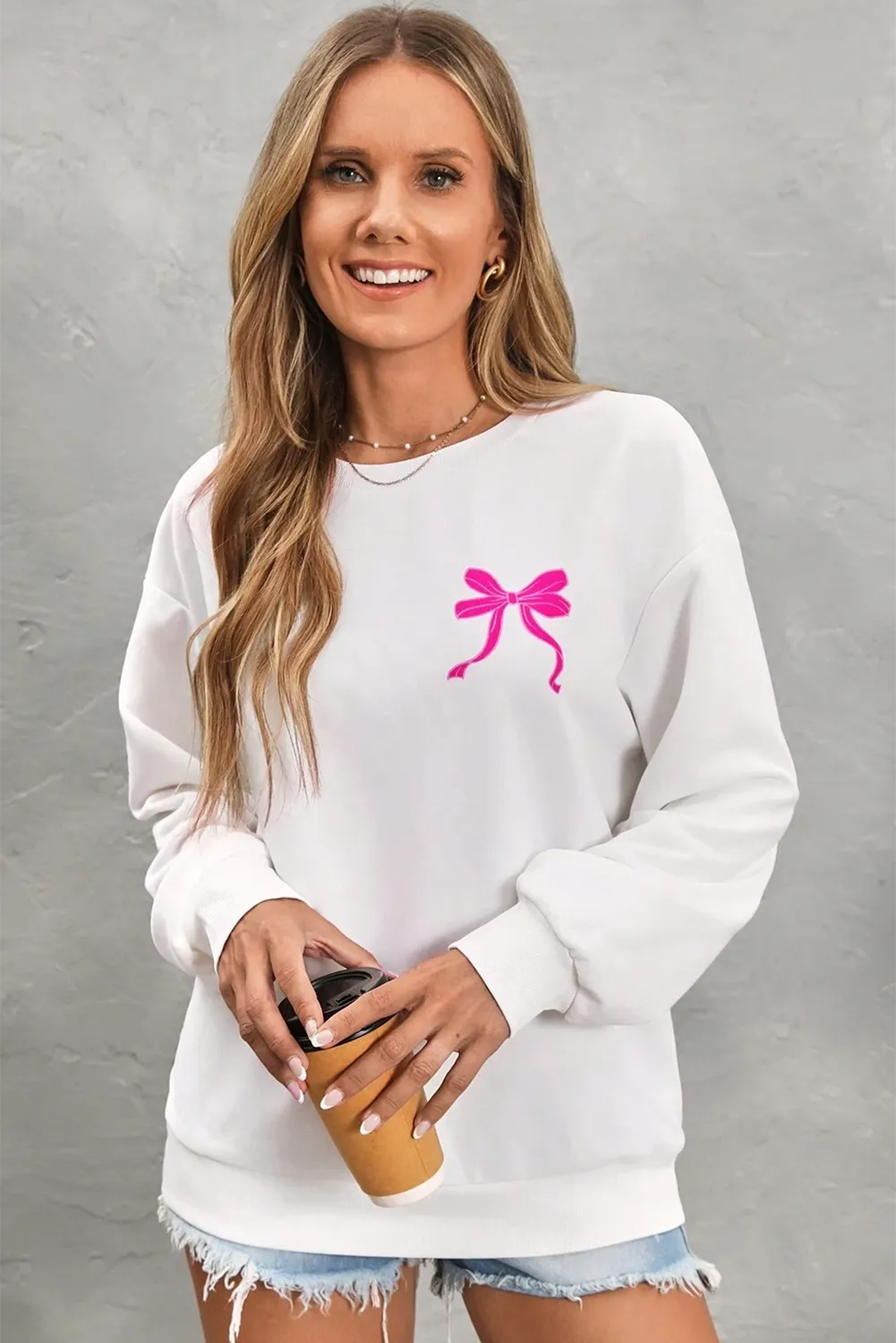 White Sweet Bow Printed Valentines Graphic Sweatshirt