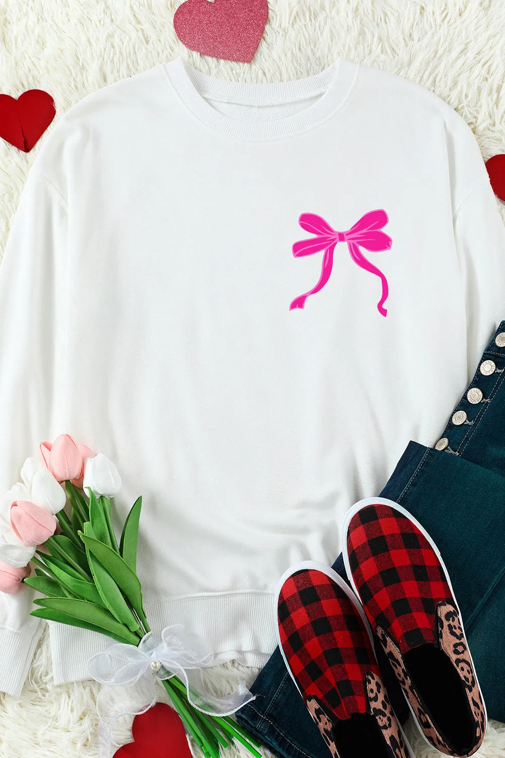 White Sweet Bow Printed Valentines Graphic Sweatshirt