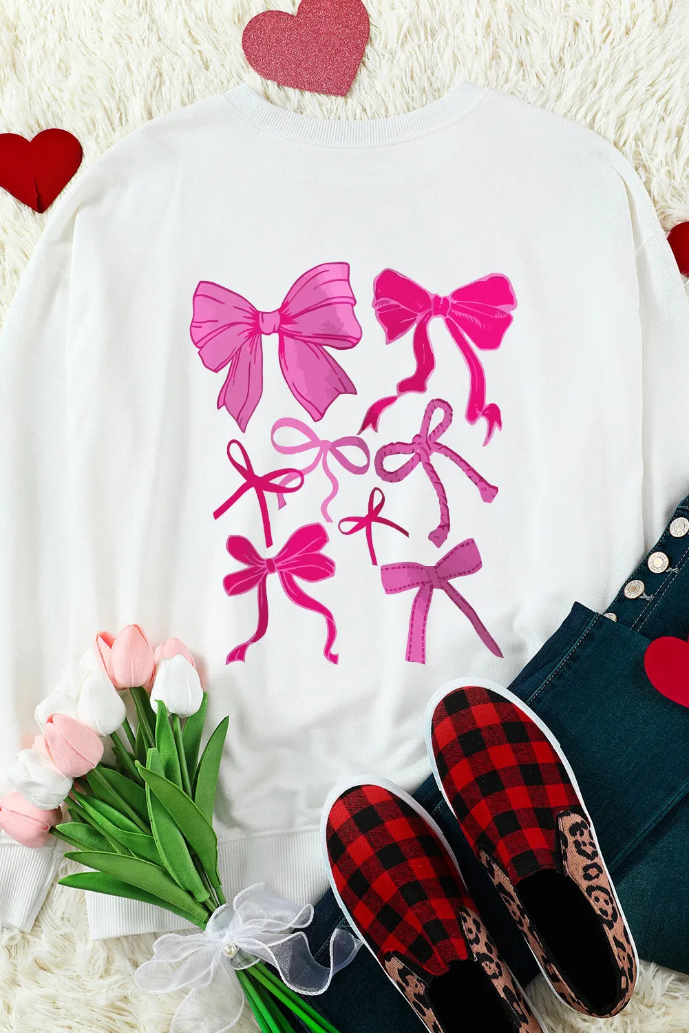 White Sweet Bow Printed Valentines Graphic Sweatshirt