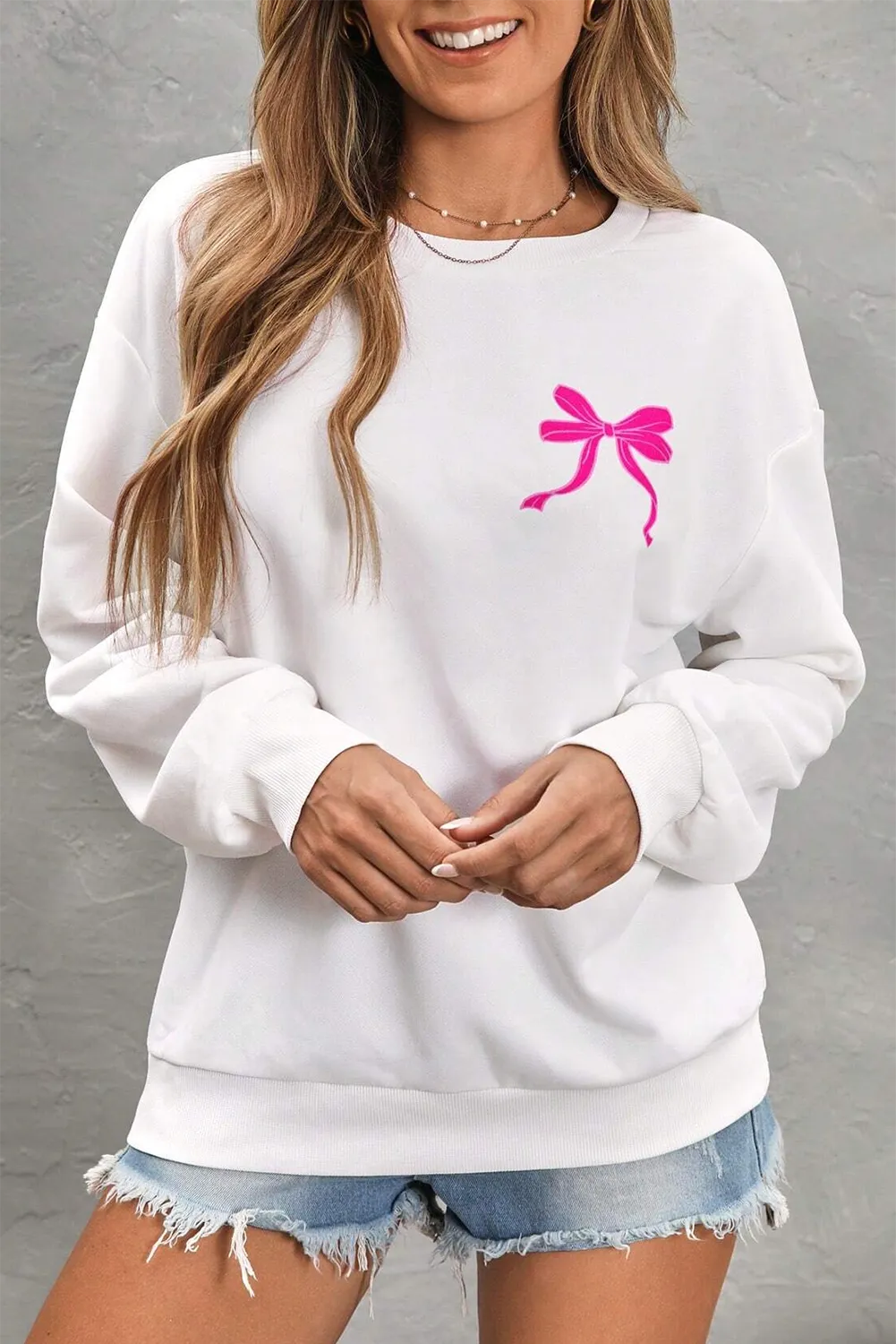 White Sweet Bow Printed Valentines Graphic Sweatshirt