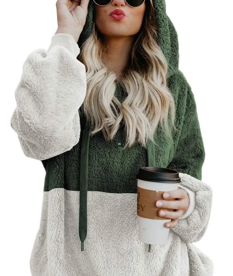 Women Casual Plush Hoodies Zipper Patchwork Hooded Drawstring Sweatshirt Autumn Winter Lady Hooded Warm Loose Tops
