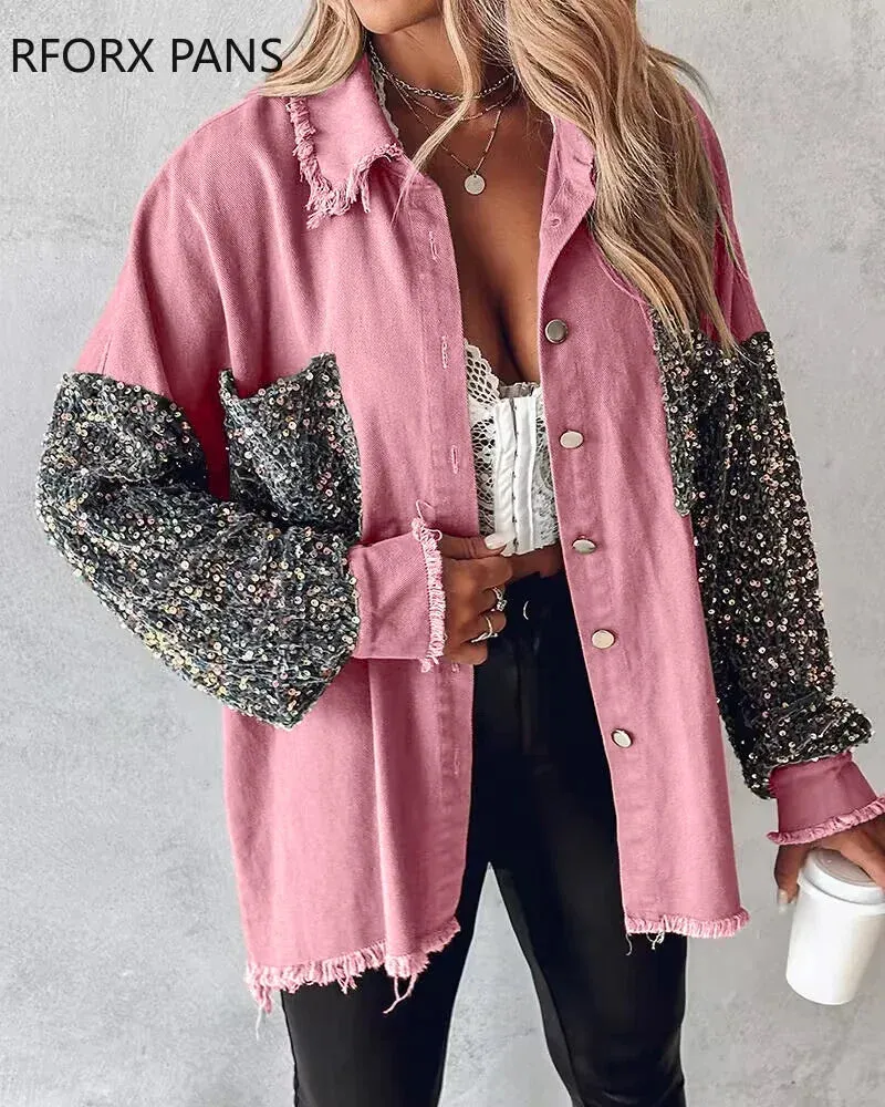 Women Denim Jackets & Coats Contrast Sequin Raw Hem Shacket