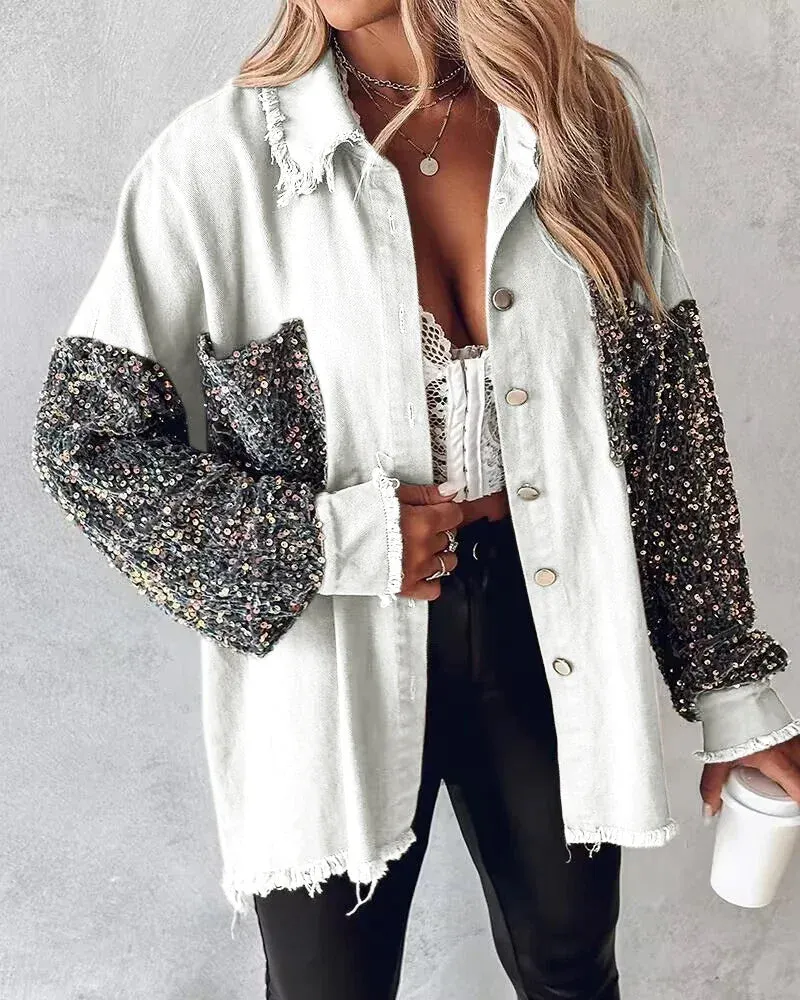 Women Denim Jackets & Coats Contrast Sequin Raw Hem Shacket