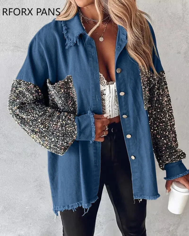 Women Denim Jackets & Coats Contrast Sequin Raw Hem Shacket