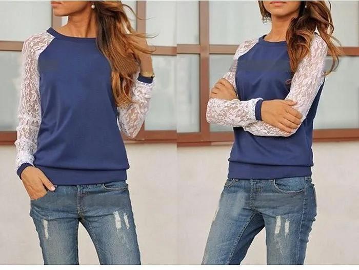 Women Hoodies Fashion Lace Patchwork Pullover Sweatshirt Suit Casual Hoodies