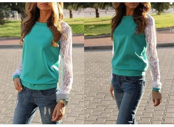 Women Hoodies Fashion Lace Patchwork Pullover Sweatshirt Suit Casual Hoodies