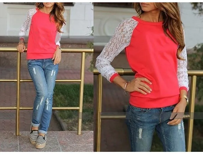 Women Hoodies Fashion Lace Patchwork Pullover Sweatshirt Suit Casual Hoodies
