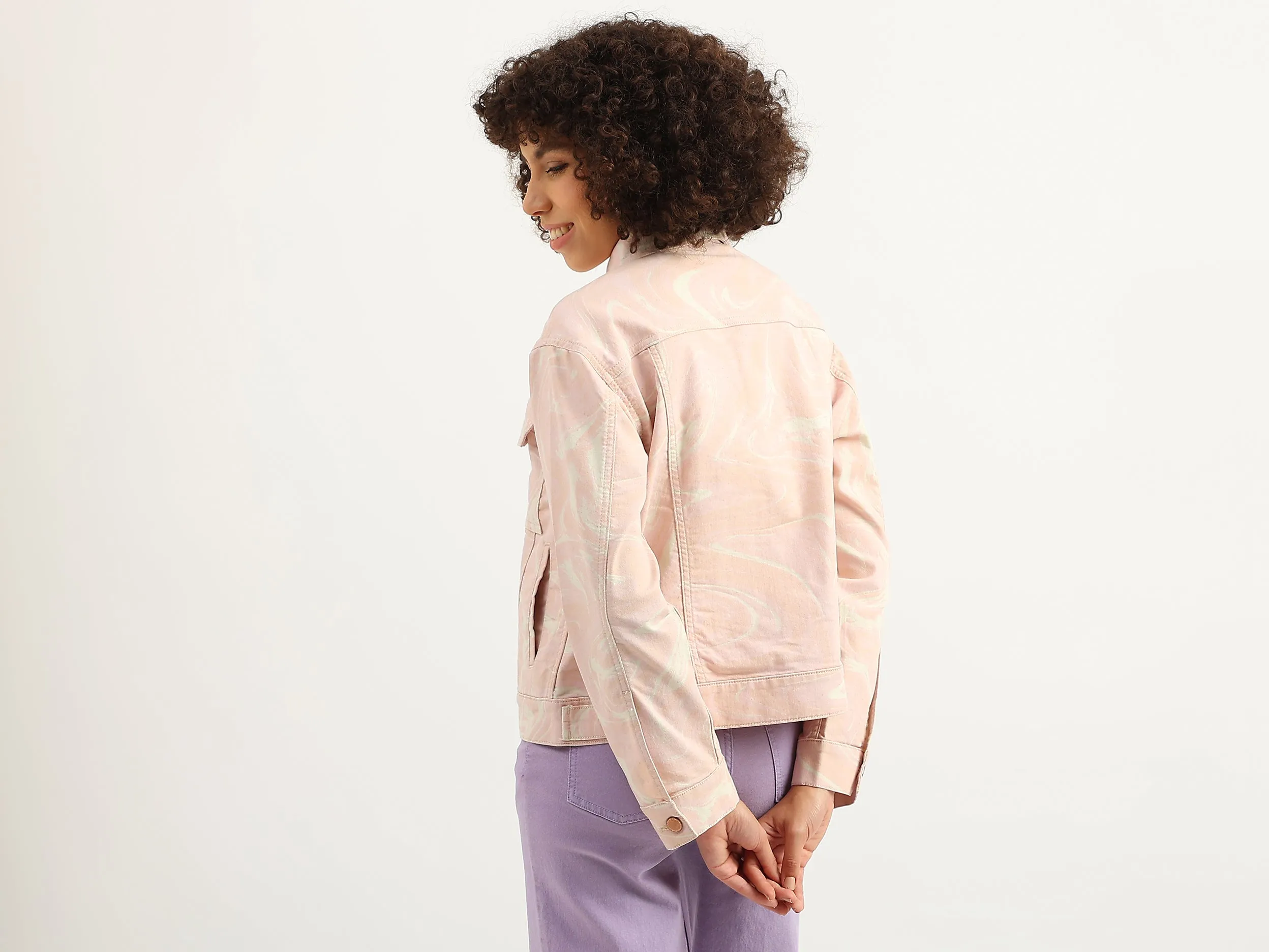 Women Marble Print Spread Collar Jacket