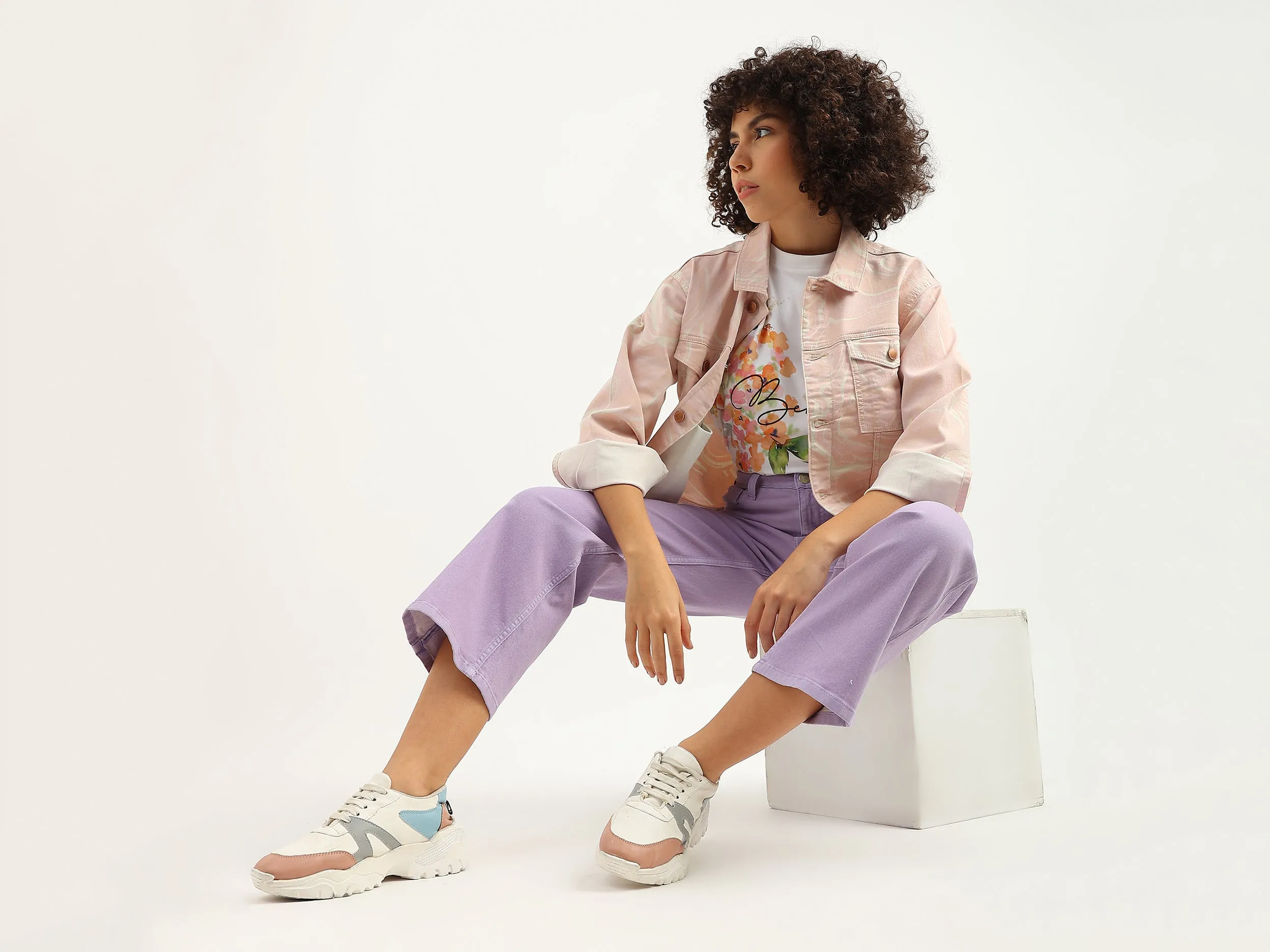 Women Marble Print Spread Collar Jacket