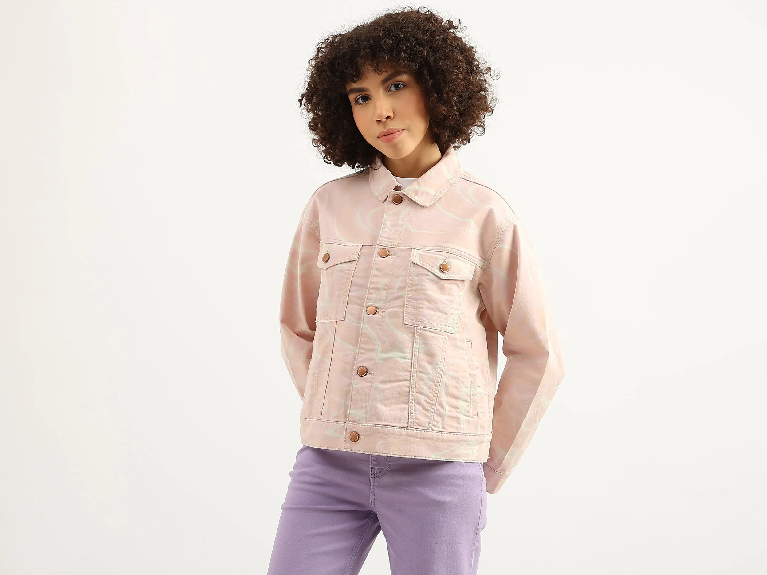 Women Marble Print Spread Collar Jacket