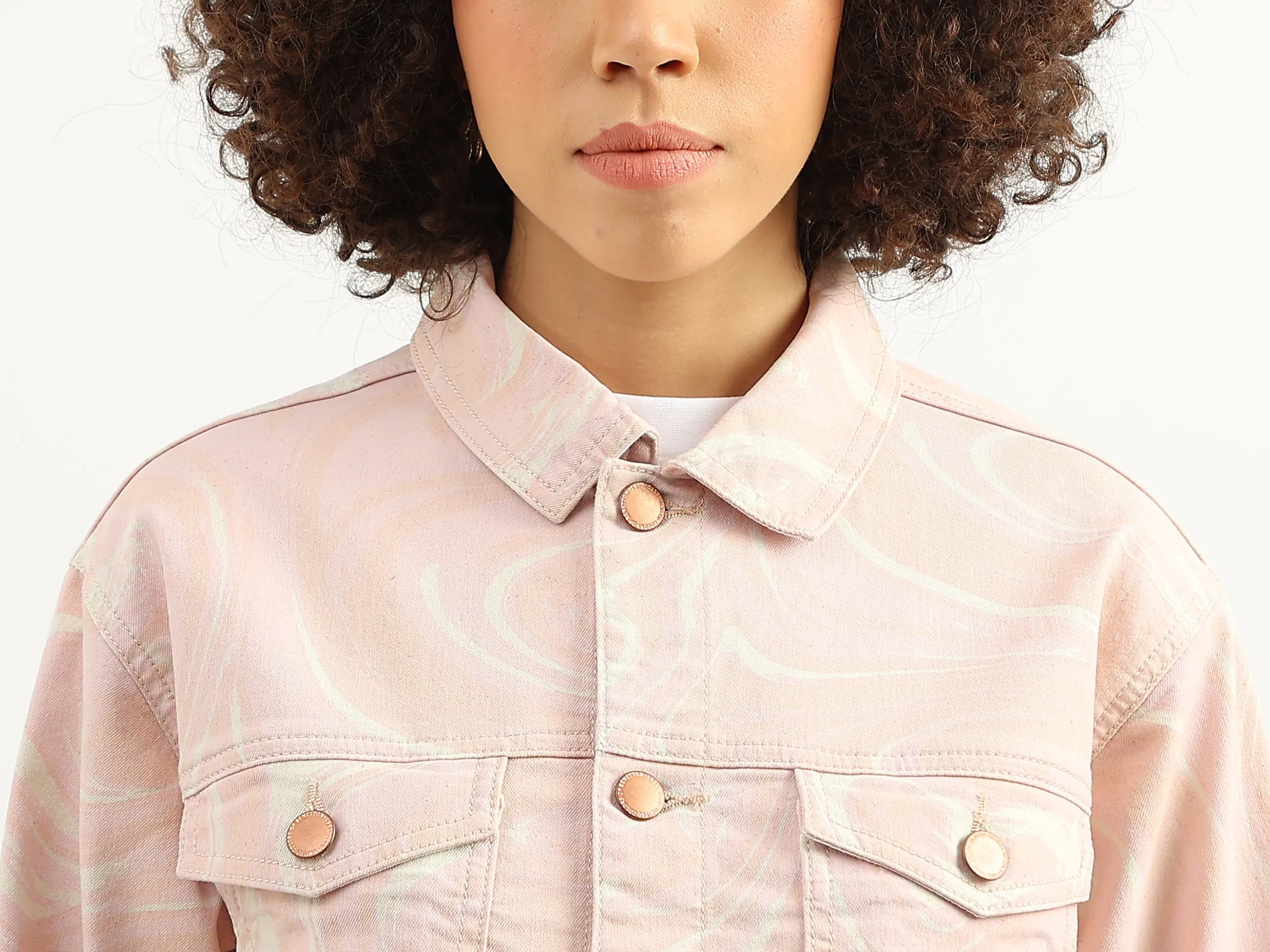 Women Marble Print Spread Collar Jacket