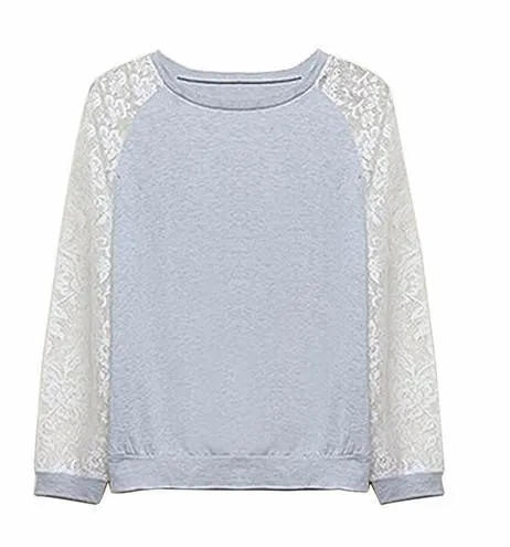 Women Patchwork White Lace Hoodies Long Sleeve Outerwear Pullover Sweatshirt Top
