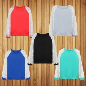 Women Patchwork White Lace Hoodies Long Sleeve Outerwear Pullover Sweatshirt Top