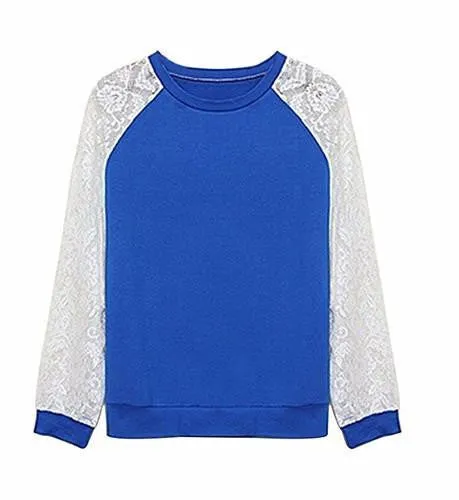 Women Patchwork White Lace Hoodies Long Sleeve Outerwear Pullover Sweatshirt Top