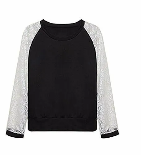 Women Patchwork White Lace Hoodies Long Sleeve Outerwear Pullover Sweatshirt Top