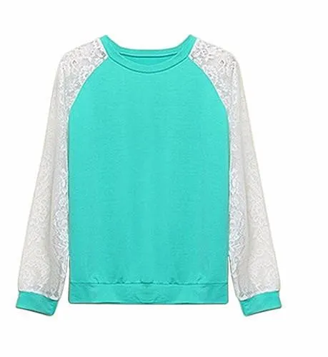 Women Patchwork White Lace Hoodies Long Sleeve Outerwear Pullover Sweatshirt Top
