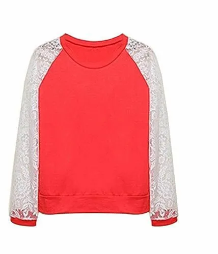 Women Patchwork White Lace Hoodies Long Sleeve Outerwear Pullover Sweatshirt Top