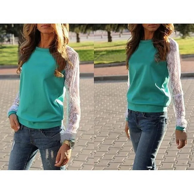 Womens est O-neck Sweatshirts Tops Lace Patchwork Long Sleeve Casual Plus