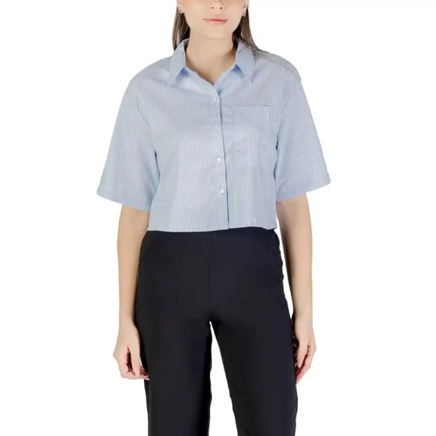 Womens White Cropped Button Down Shirt and Black Pants