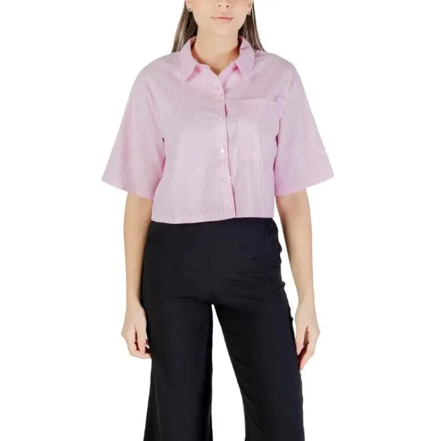 Womens White Cropped Button Down Shirt and Black Pants