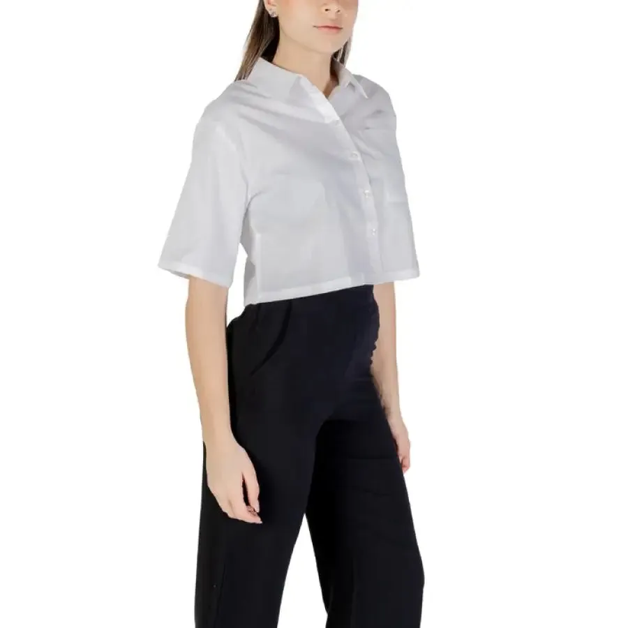 Womens White Cropped Button Down Shirt and Black Pants