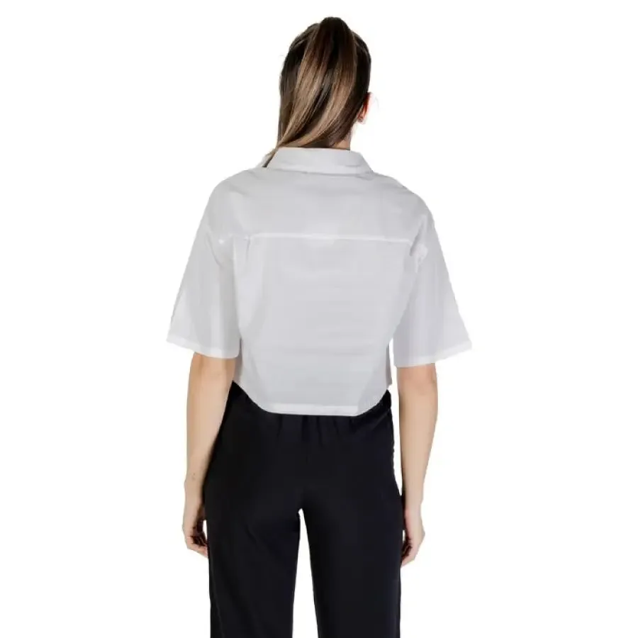 Womens White Cropped Button Down Shirt and Black Pants