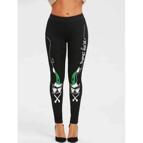 Workout Leggings with Wear Glasses Cat Print - Black S
