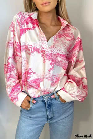 Xieyinshe - White Graphic Print Turndown Collar Long Sleeve Shirt