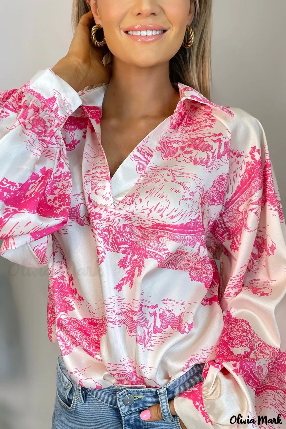Xieyinshe - White Graphic Print Turndown Collar Long Sleeve Shirt