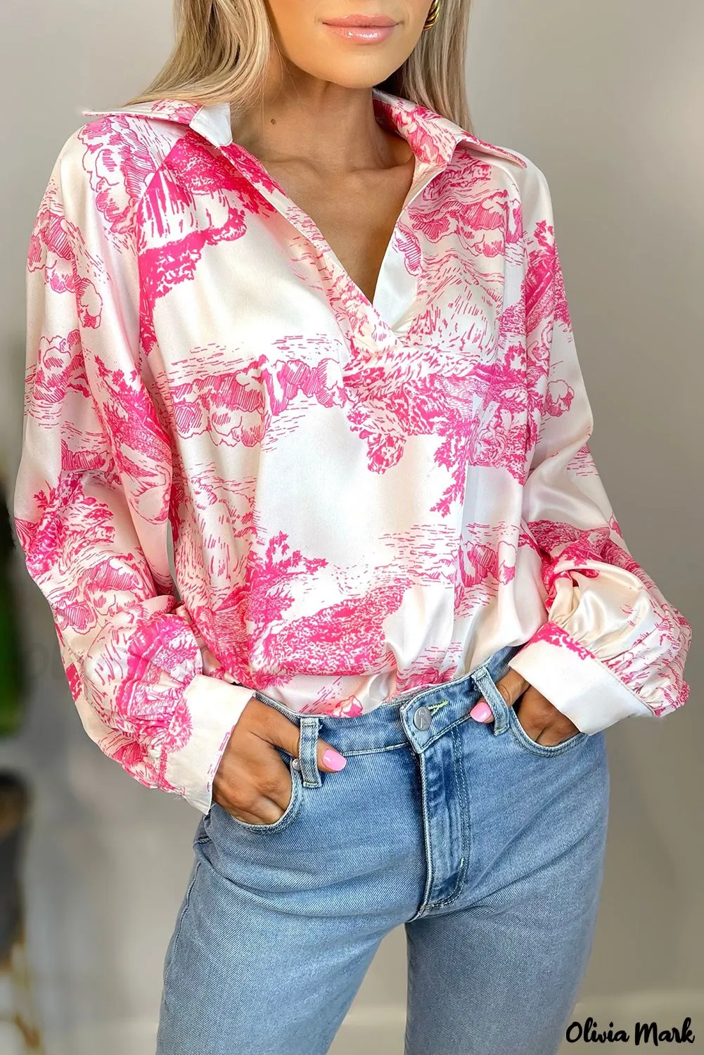 Xieyinshe - White Graphic Print Turndown Collar Long Sleeve Shirt