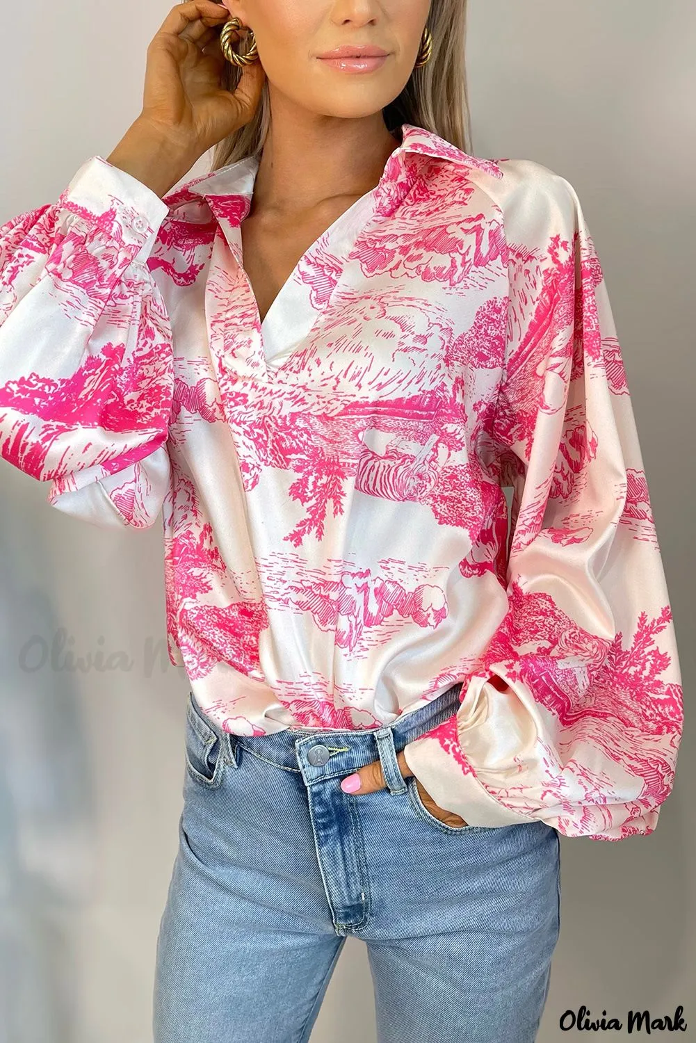 Xieyinshe - White Graphic Print Turndown Collar Long Sleeve Shirt
