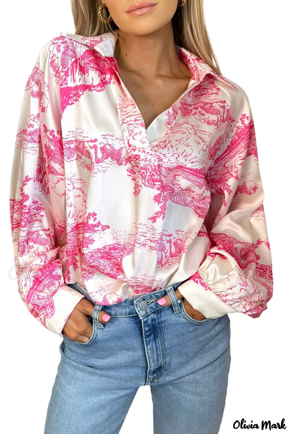 Xieyinshe - White Graphic Print Turndown Collar Long Sleeve Shirt